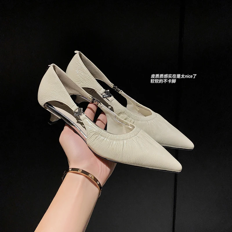 【邓老师】牛皮/3.5cm/尖头通勤单鞋女凉鞋夏季浅口镂空低跟红色鞋