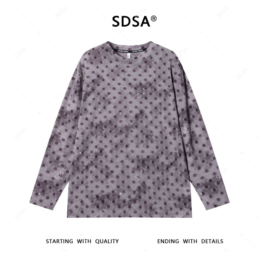 SDSA秋季新款男士痞帅韩版波点植绒圆领长袖T恤宽松潮流舒适上衣