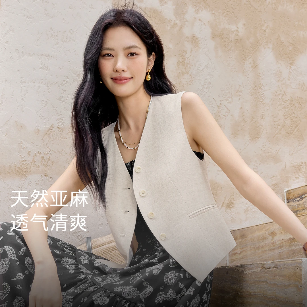 伊芙丽老钱风v领亚麻马甲马夹女2025夏季1G4910961