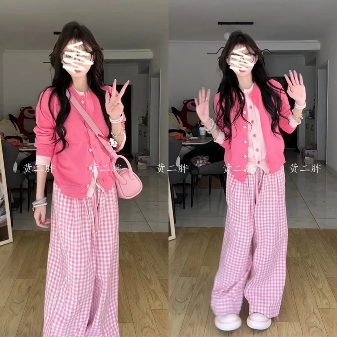 2025春季新款女韩系穿搭拼色假两件针织毛衣高腰格纹抽绳休闲长裤