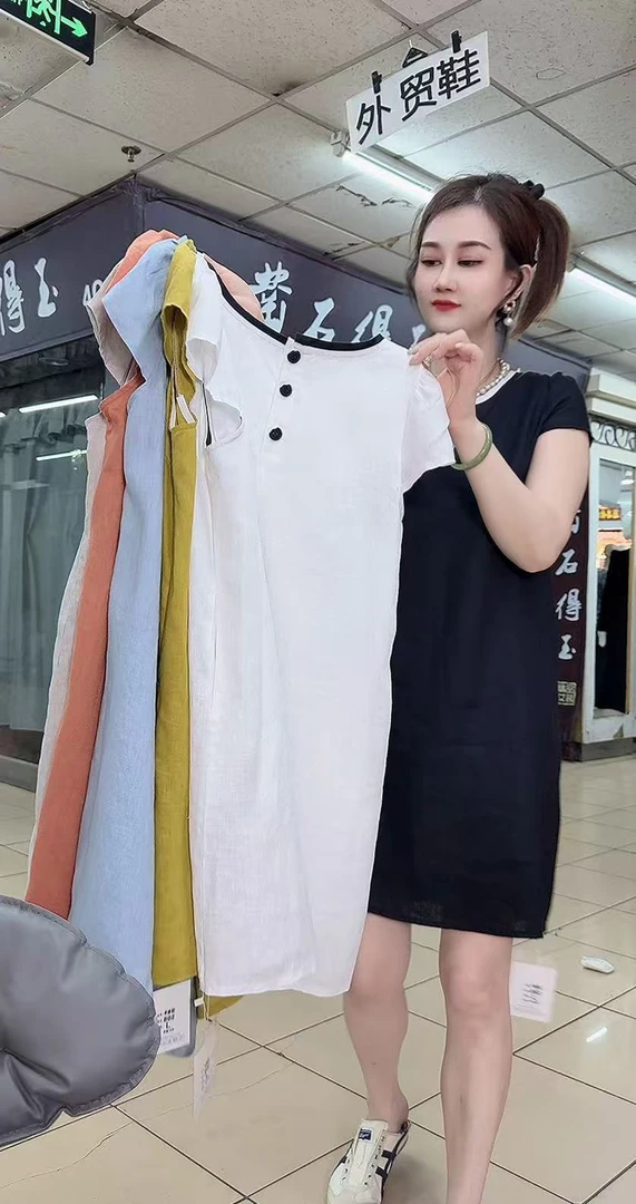 后扣02亚麻遮肉连衣裙(内里不包边