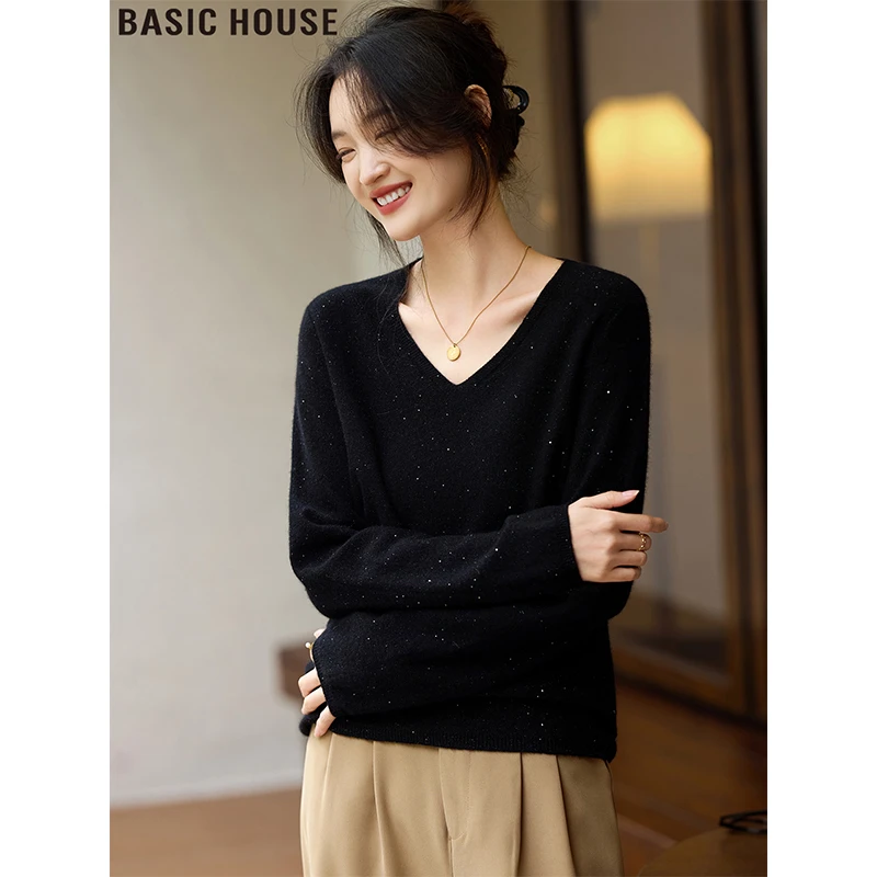 Basic House/百家好法式黑色亮片羊毛针织V领毛衣打底衫女款秋冬