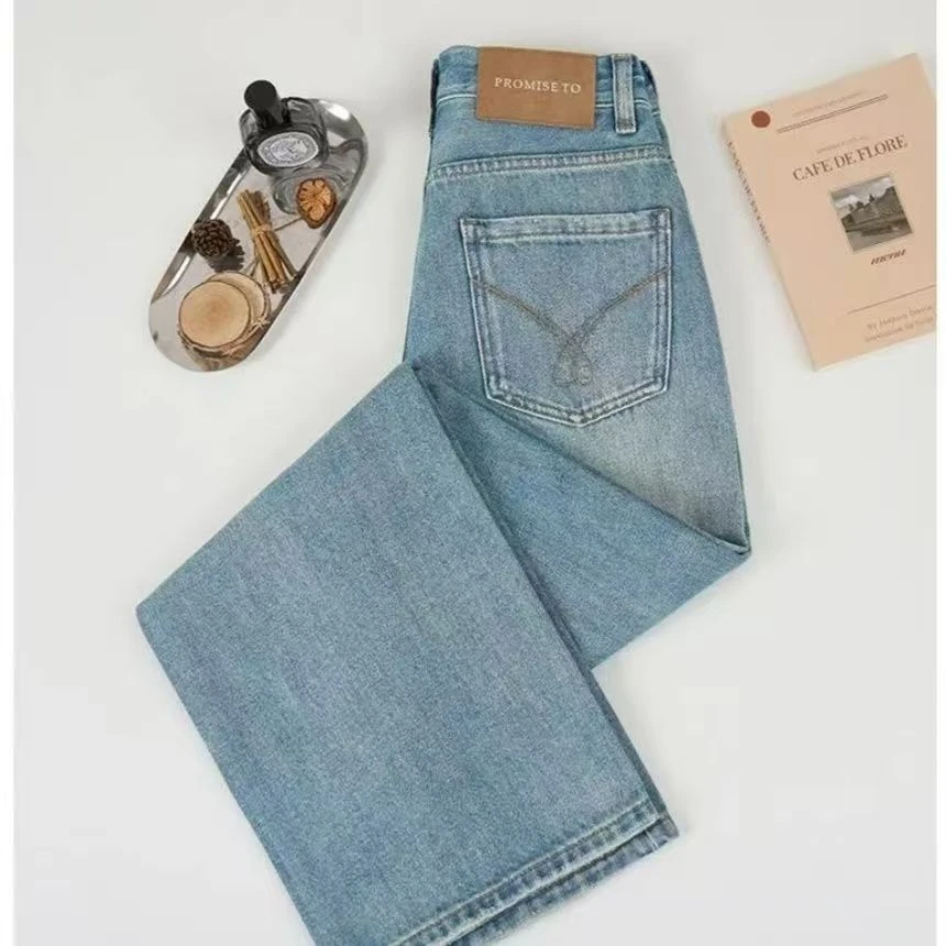 (现货送运费险）2025夏款雾霾蓝窄版阔腿无弹高腰垂感直筒牛仔裤