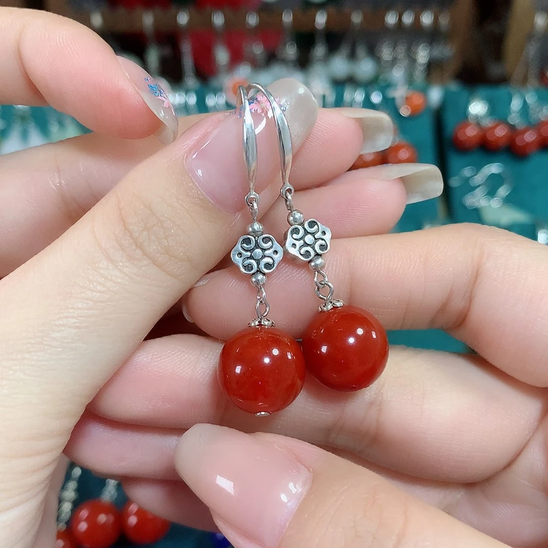 玛瑙/玉髓耳饰银S925镶嵌天然红玛瑙12mm左右（锦红）