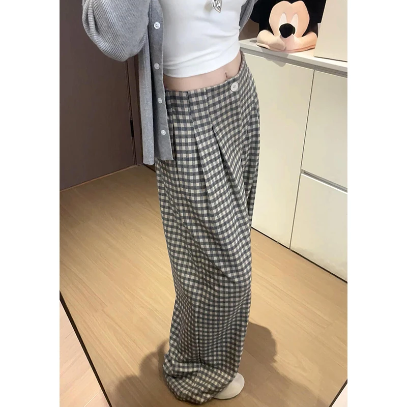 复古黑灰格子裤女秋冬季2025新款高腰直筒慵懒显瘦毛呢休闲阔腿裤