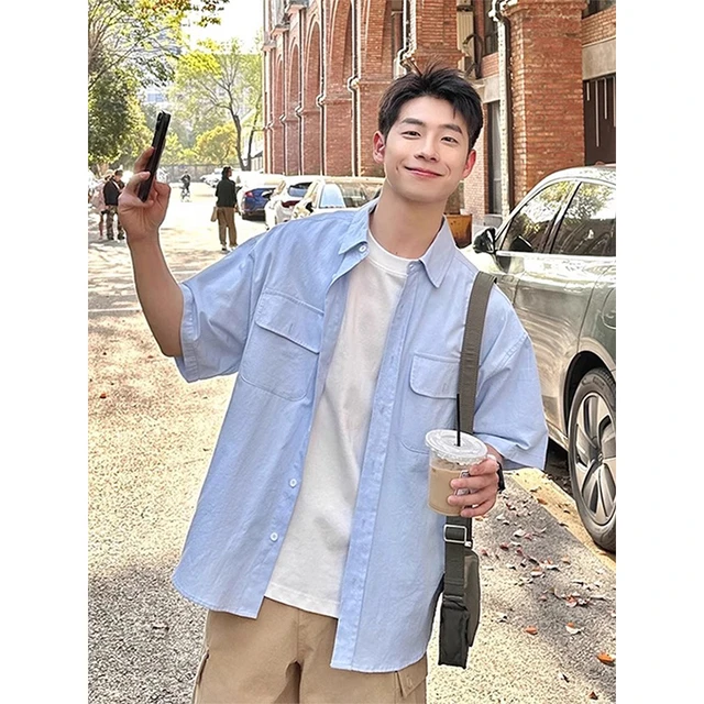 浅蓝色工装衬衫短袖男款夏季少年感穿搭五分袖衬衣cleanfit薄外套