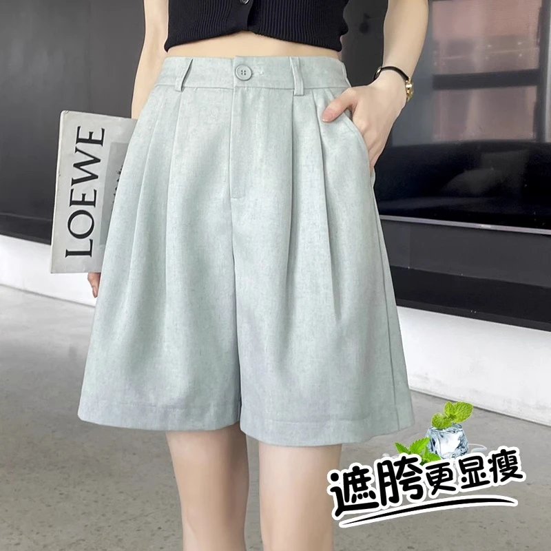 亚麻冰丝阔腿西装短裤女夏季2025新款薄款遮胯显瘦五分裤休闲裤子
