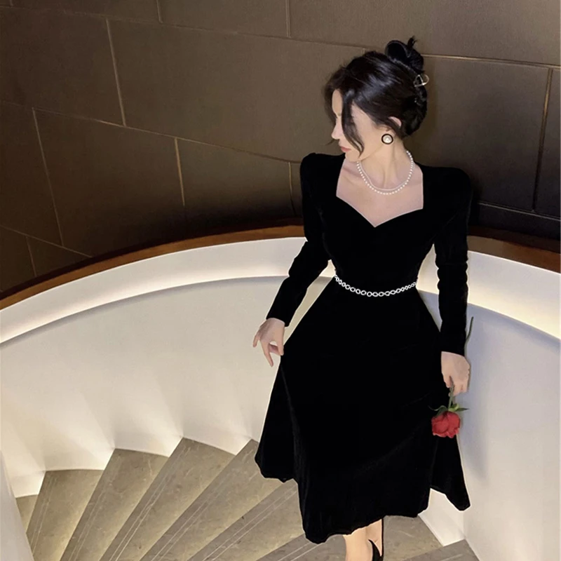 【V】赫本风小黑裙新款气质名媛晚礼服长袖黑色连衣裙子女6097
