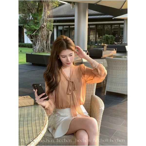 【禾呈】夏季宽松型围领飘带时尚休闲夏季气质百搭上衣10418