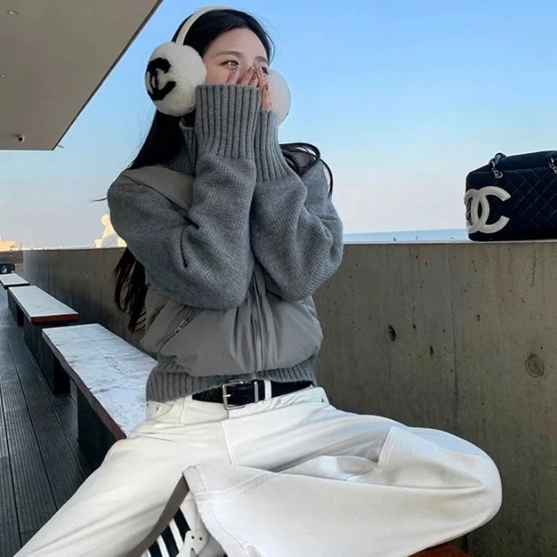 宽松短款休闲显瘦袄子冬天加绒女款爆款新款欧货感洋气棉服针织拼