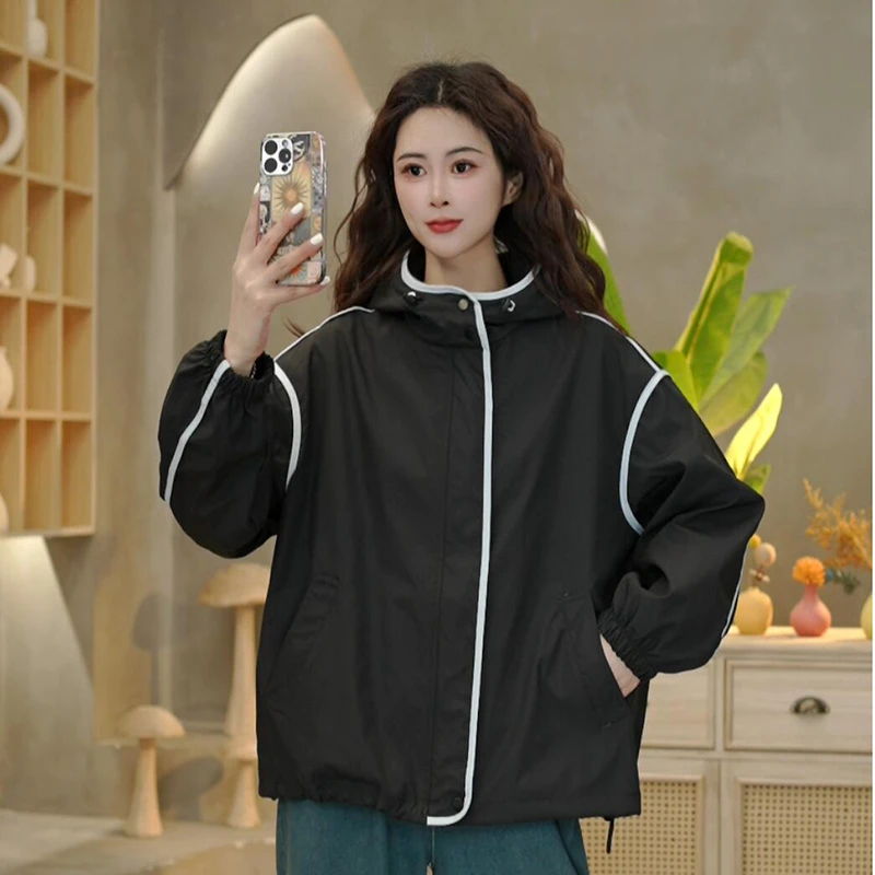 8829 撞色连帽休闲外套女2025春季新款韩版工装宽松百搭上衣女