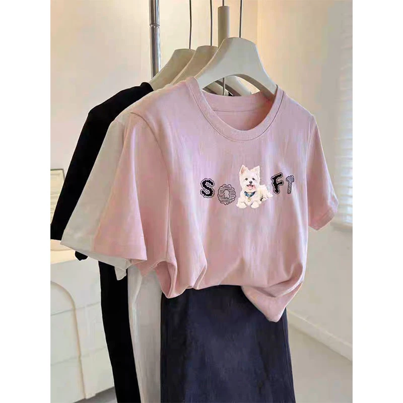 圆领印花短袖t恤女2025夏季新款时尚百搭洋气显瘦正肩打底衫上衣