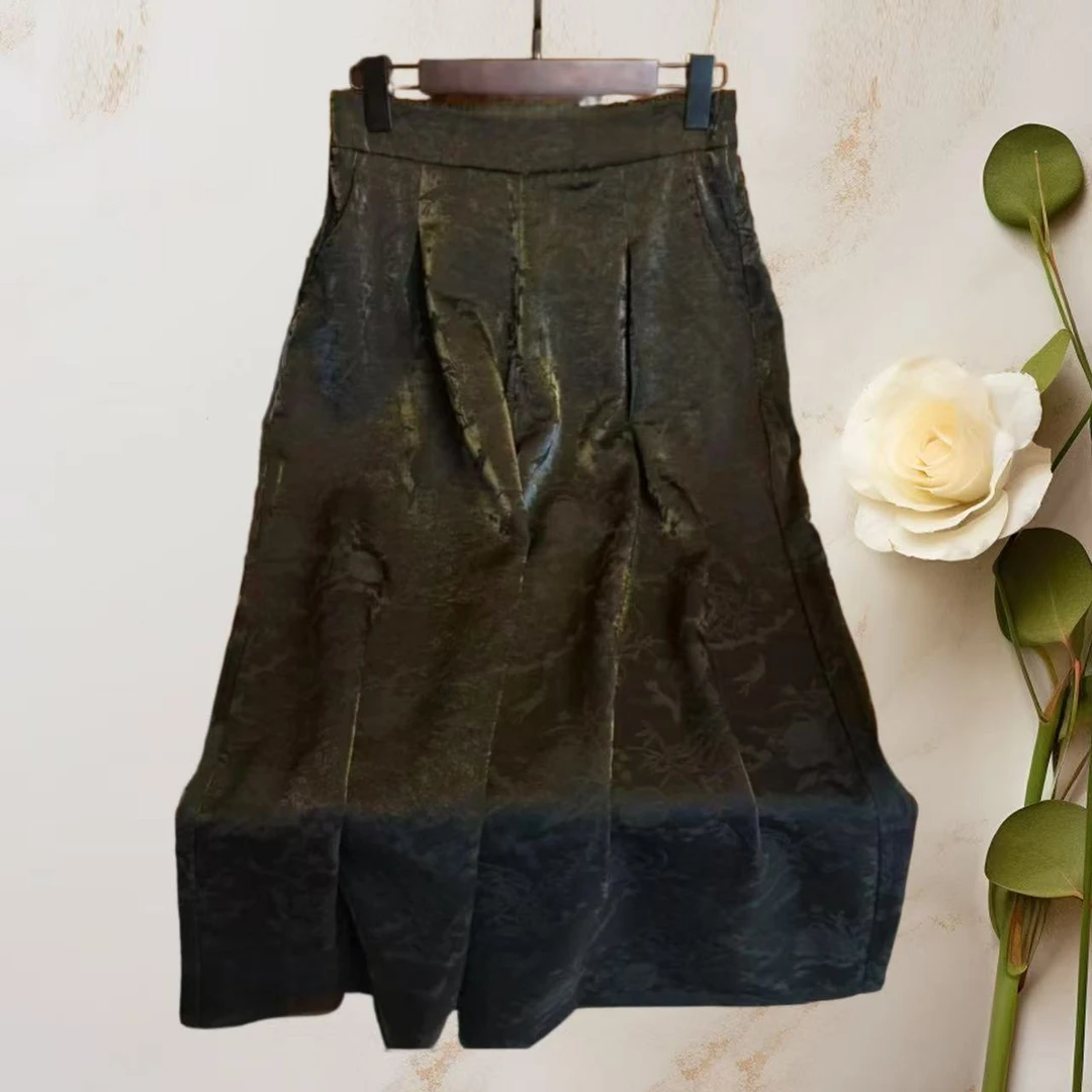 【墨霭烟褶】新中式国风香云纱提花压褶阔腿裤裙裤