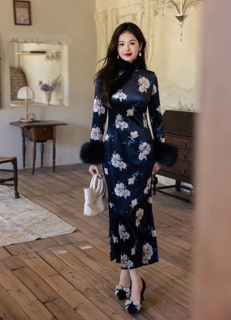SQS]冬款修身显瘦气质加绒加厚旗袍复古温柔新中式 改良日常显瘦
