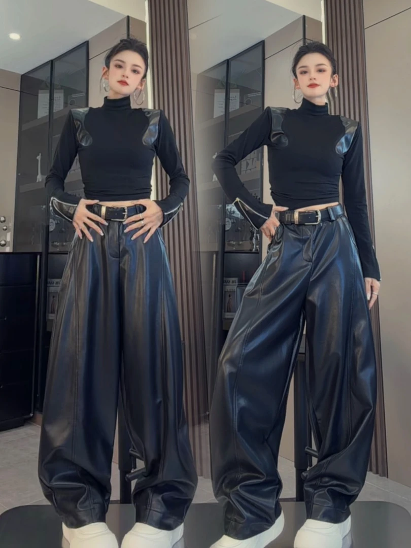 【大7定制】19302#春季新款酷帅蛋白水洗PU皮气球弯刀皮裤