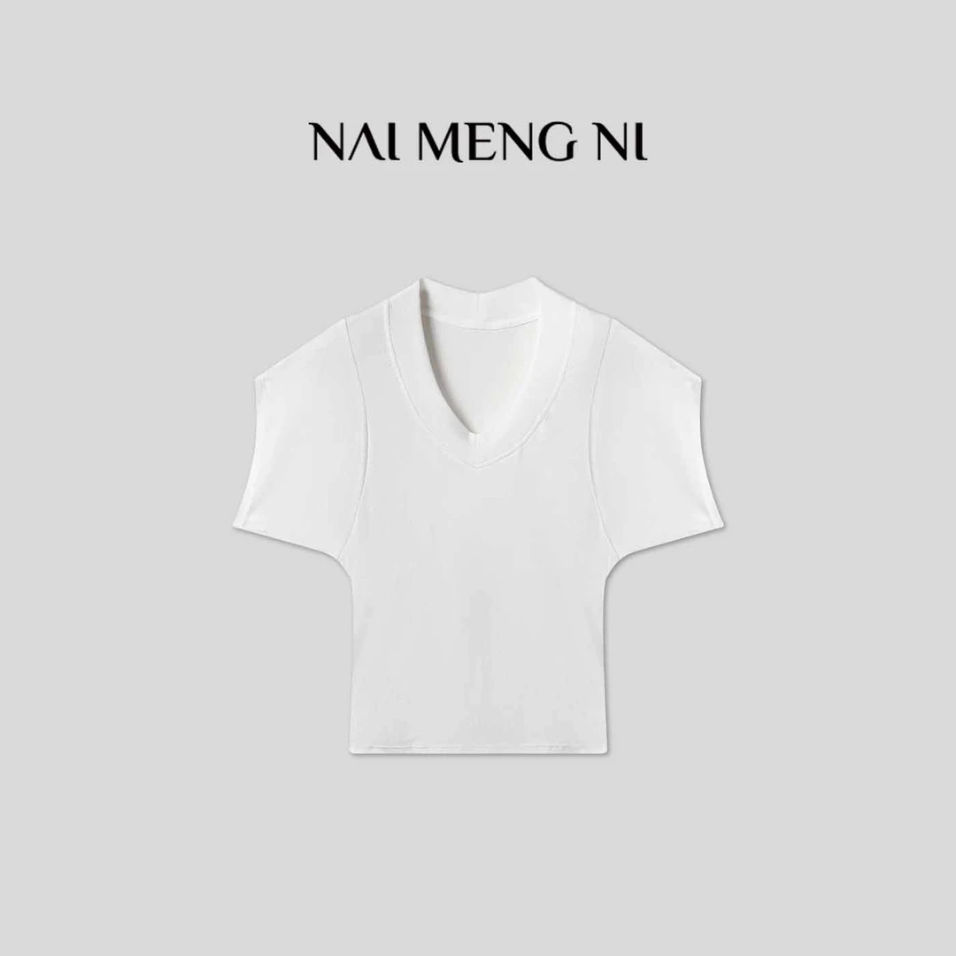 【齐齐定制】 夏季小众设计感轻奢显瘦修身休闲风V领T恤 25N11273