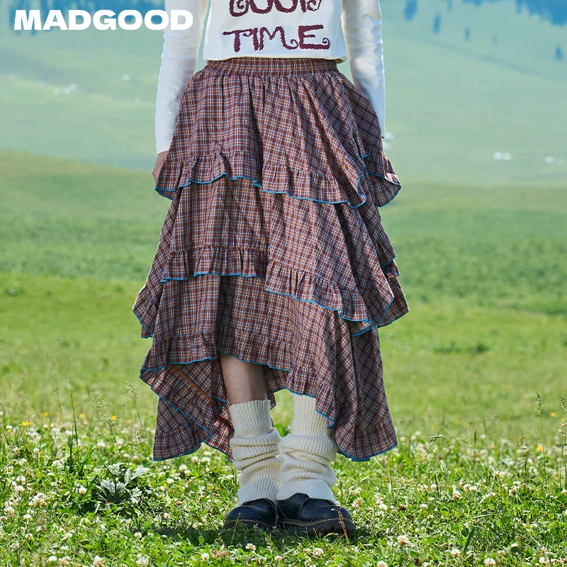 madgood马得工地日系不规则弹力撞色蛋糕格子长裙MDGDBQ13634