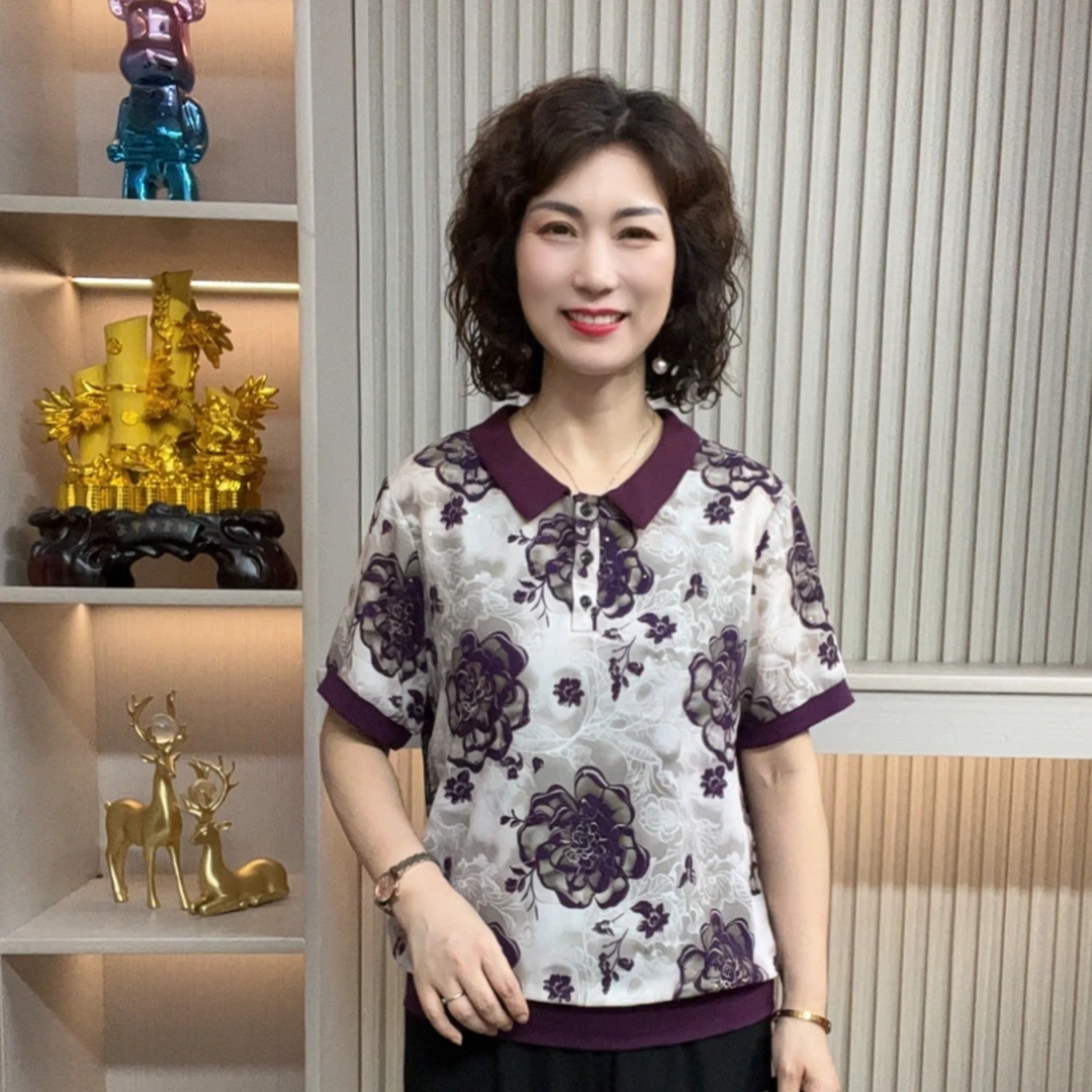 妈妈装流行欧若拉时尚潮牌女装宽松夏装女士独特漂亮小衫休闲短袖