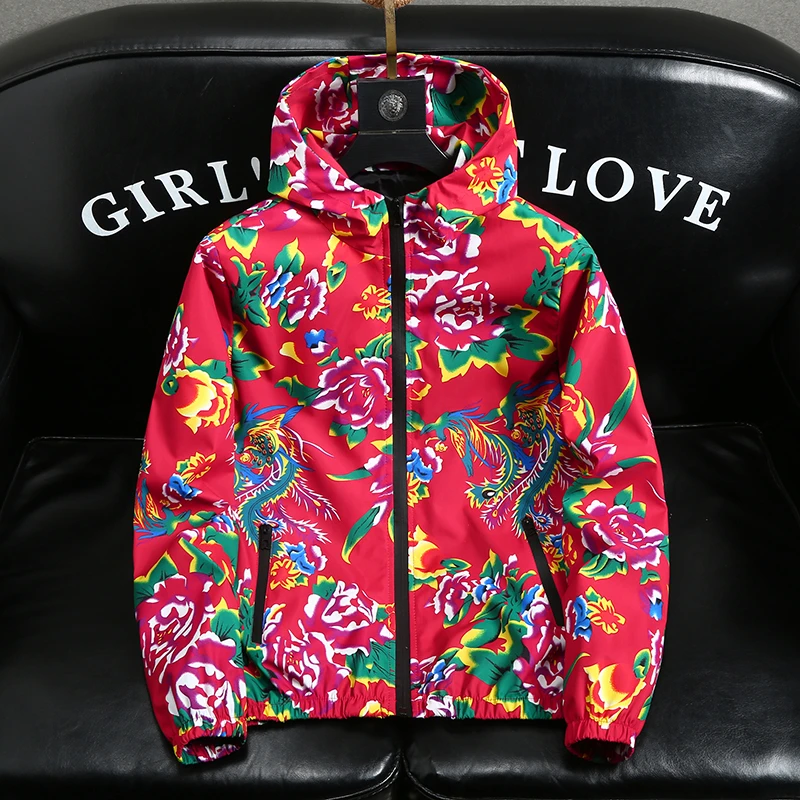 东北大花薄款春秋情侣夹克男女潮流休闲国潮喜庆网红连帽外套上衣