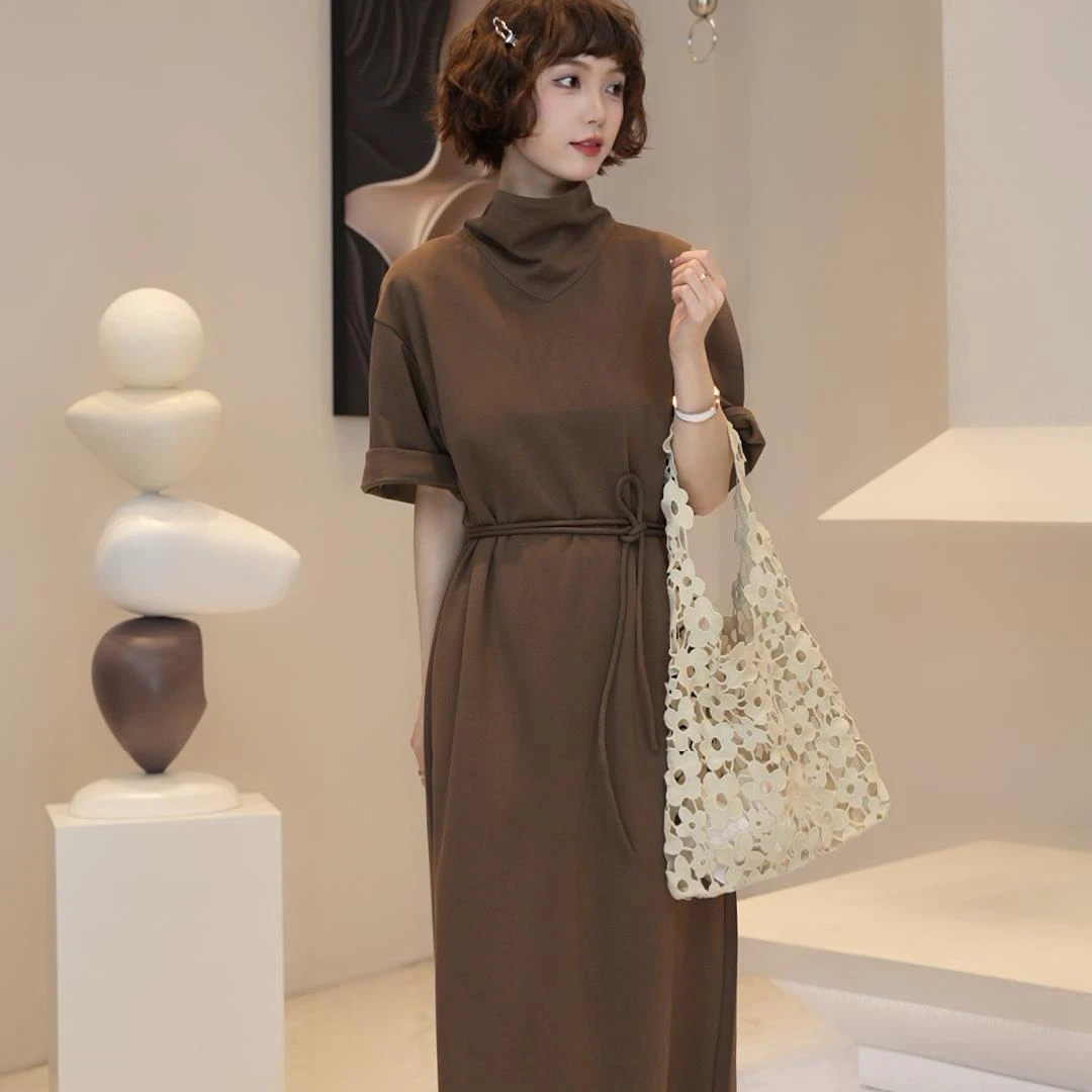 清货价【薇薇绮】设计款领口飘带连衣裙短袖绑带显瘦2025新款 D15