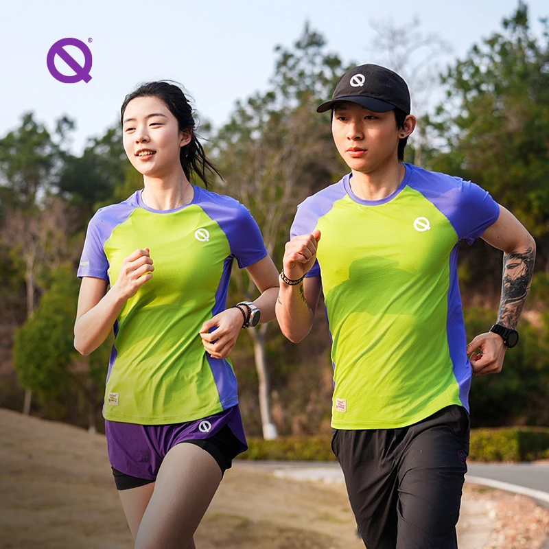 轻功拼色版呼吸方格圆领短袖T恤男女款 夏季透气跑步速干训练户外