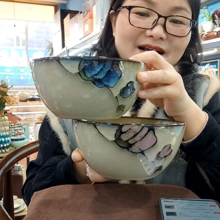 瓷片小可陶瓷高温釉下彩一组四只面碗色彩各两只