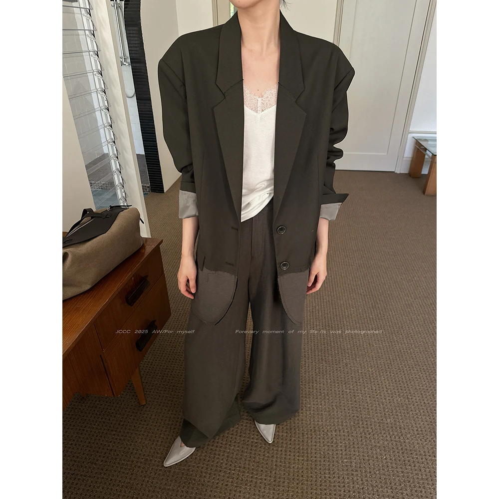 JCCC影子【绿里奇迹】绿色拼接毛边设计廓形西装长裤套装JE5GAZ10