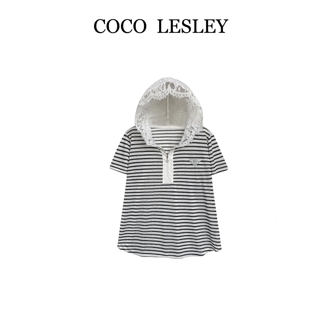 【COCO LESLEY】68028#条纹拼接蕾丝连帽T恤衫2025百搭上衣