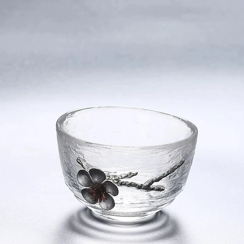 梅花捏花玻璃茶杯手工锤纹主人杯品茗杯G1109