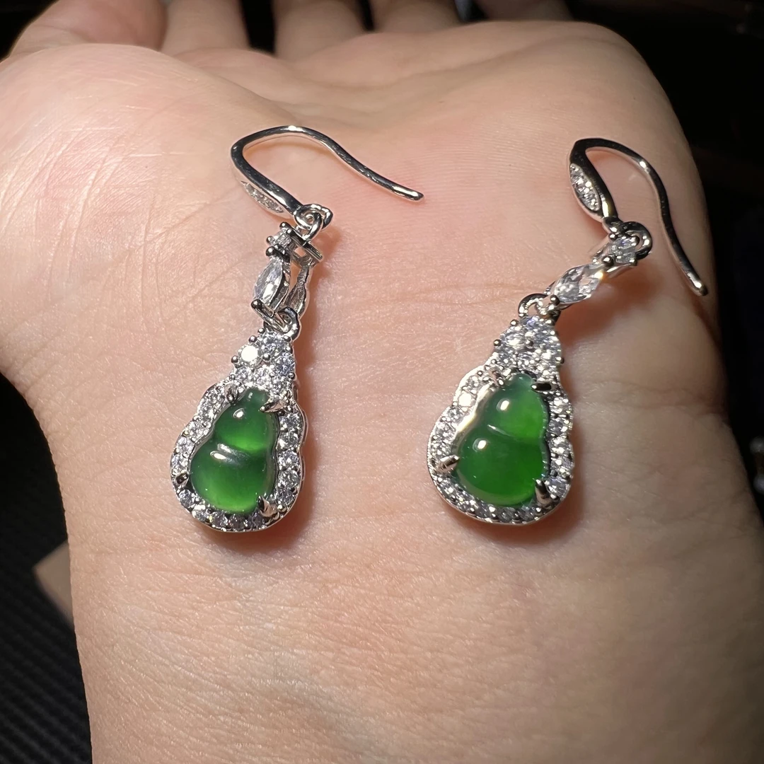 S925翡翠葫芦耳钩-不扣底 KT24041908