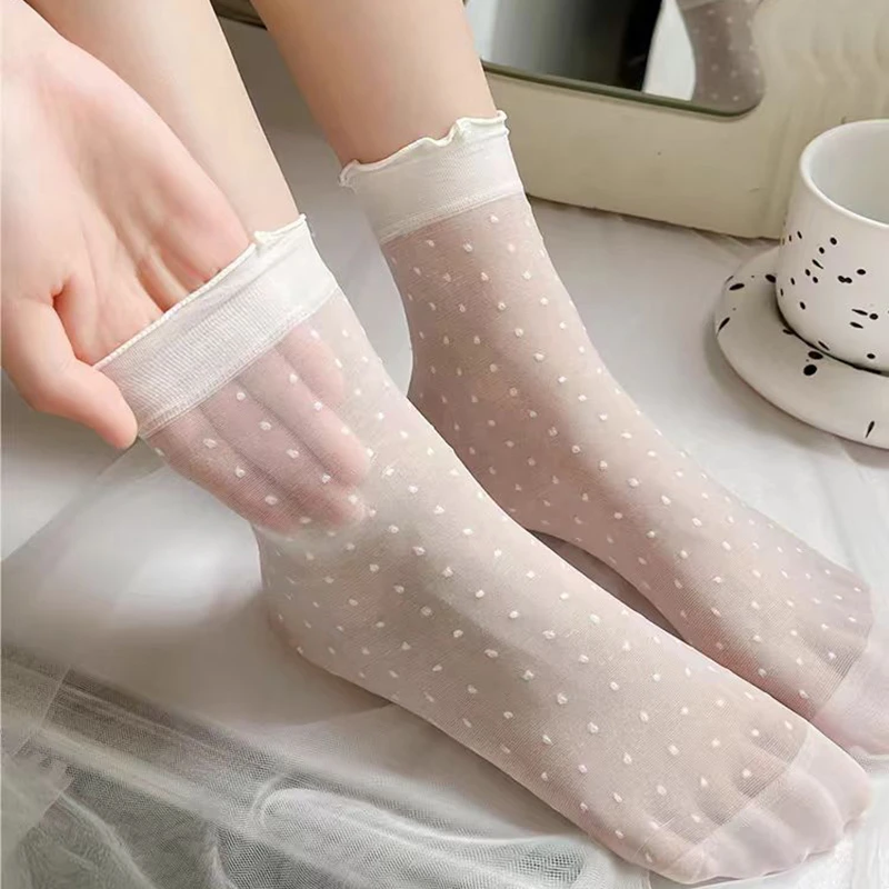 波点袜子女夏季中筒袜薄款白色冰丝玻璃丝水晶丝花边夏天配乐福鞋