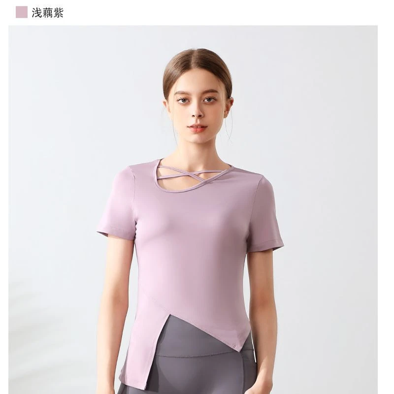夏裸感不规则交叉领瑜伽服运动跑步速干短袖T恤性感弹力健身服女