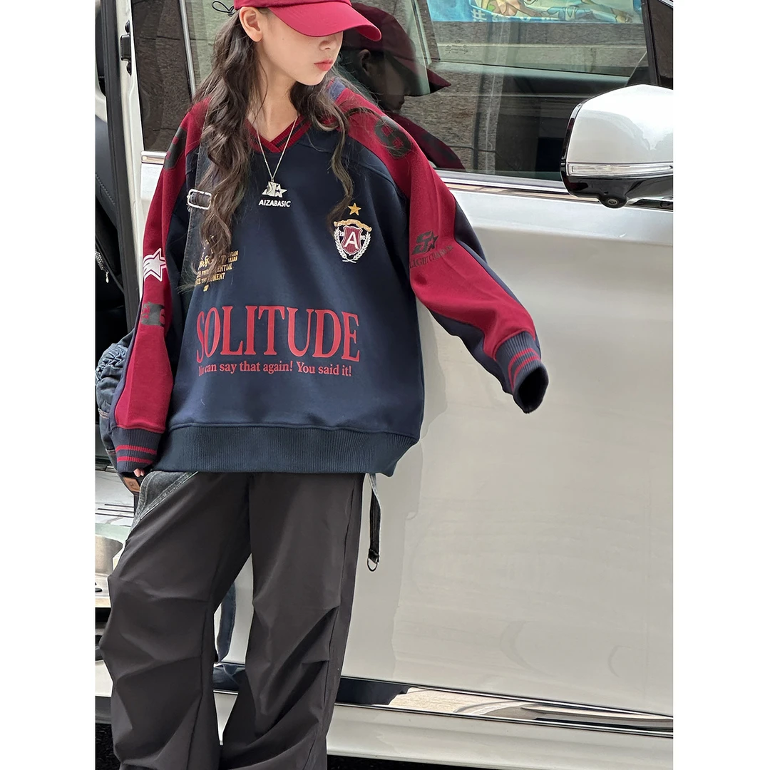 K29692孙小美撞色女童卫衣2025秋装新款儿童上衣春秋女大童球衣潮