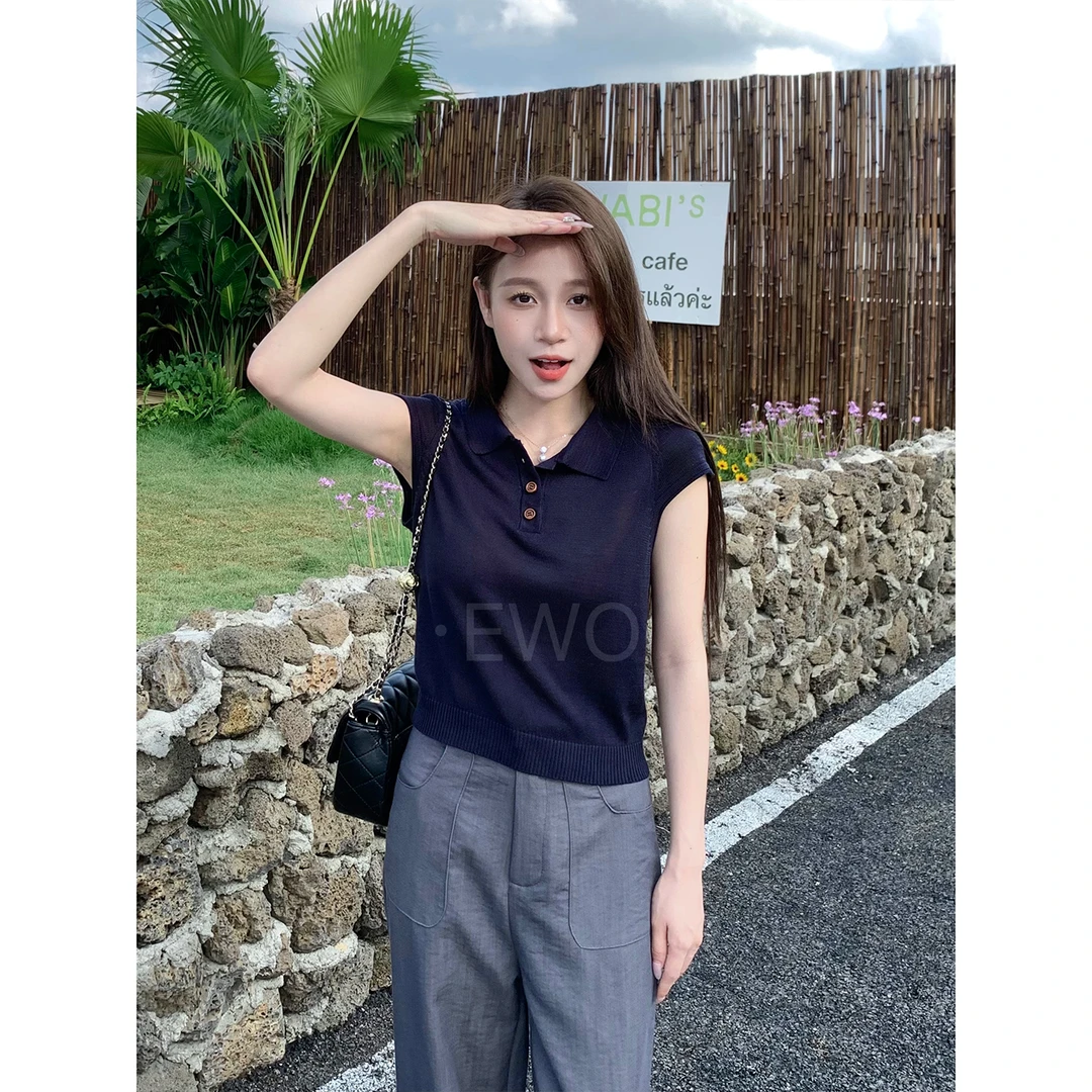 【现货】轻奢翻领设计针织POLO上衣-8502