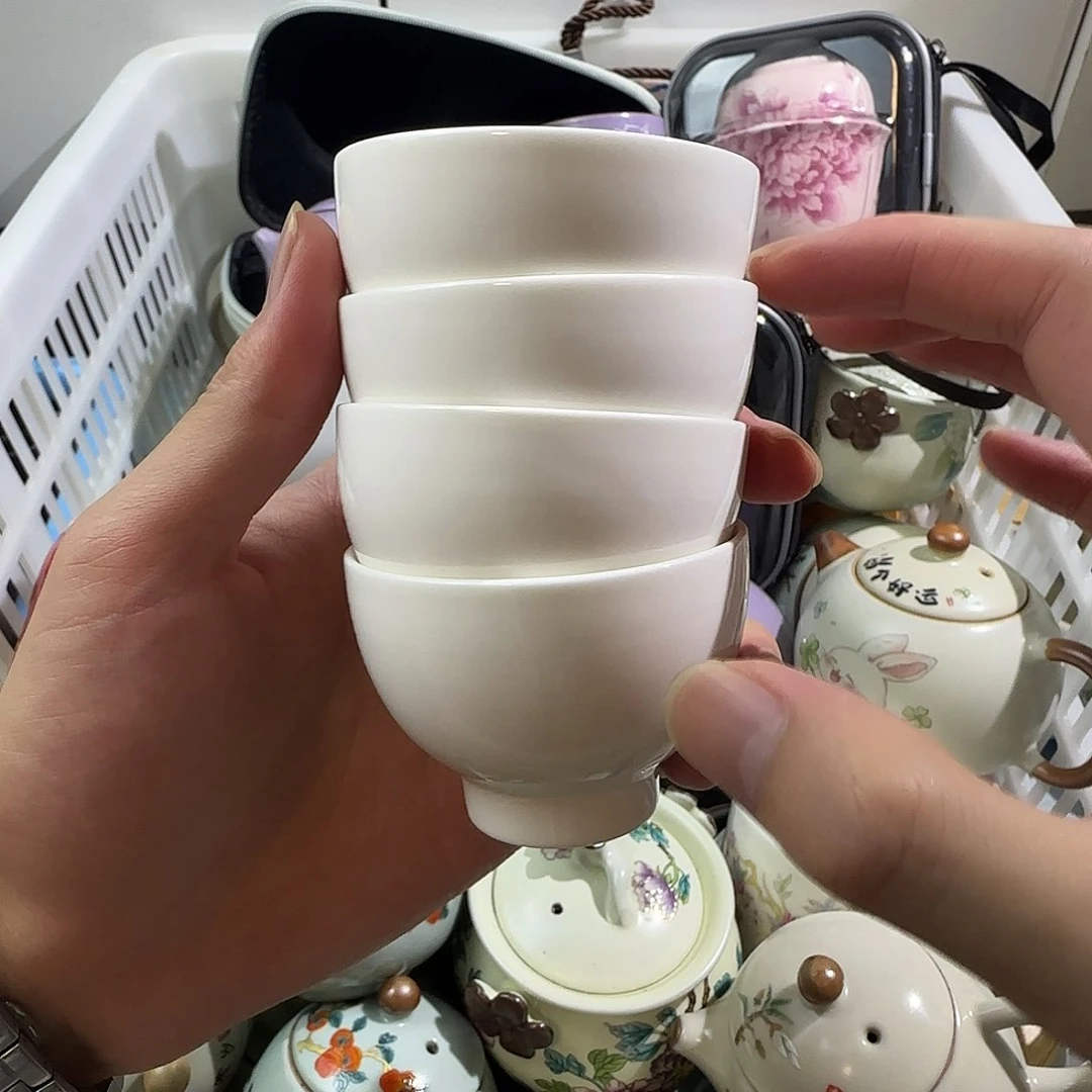 瓷片羊脂玉纯色纳福杯四只装