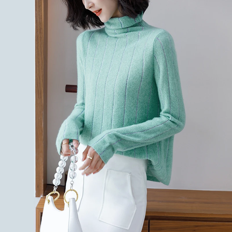 4324打底毛衣羊绒衫女2025秋冬季新款内搭高领条纹针织衫温柔上衣