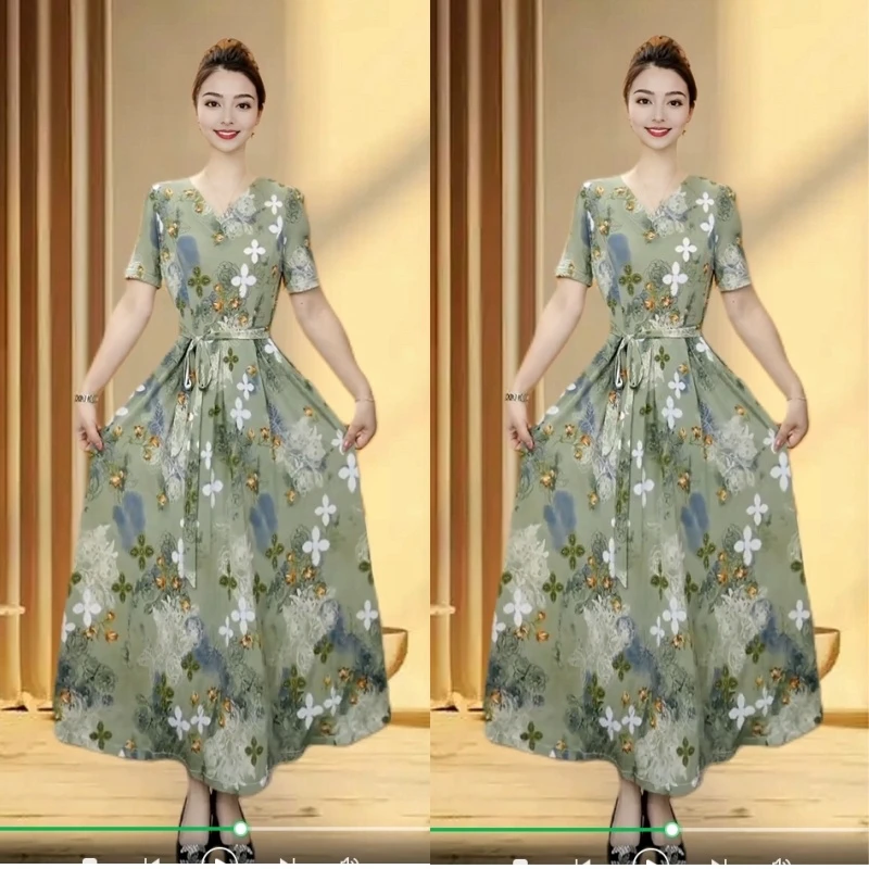 连衣裙高弹力妈妈装高腰夏季长裙系带大摆裙裙子印花碎花洋气