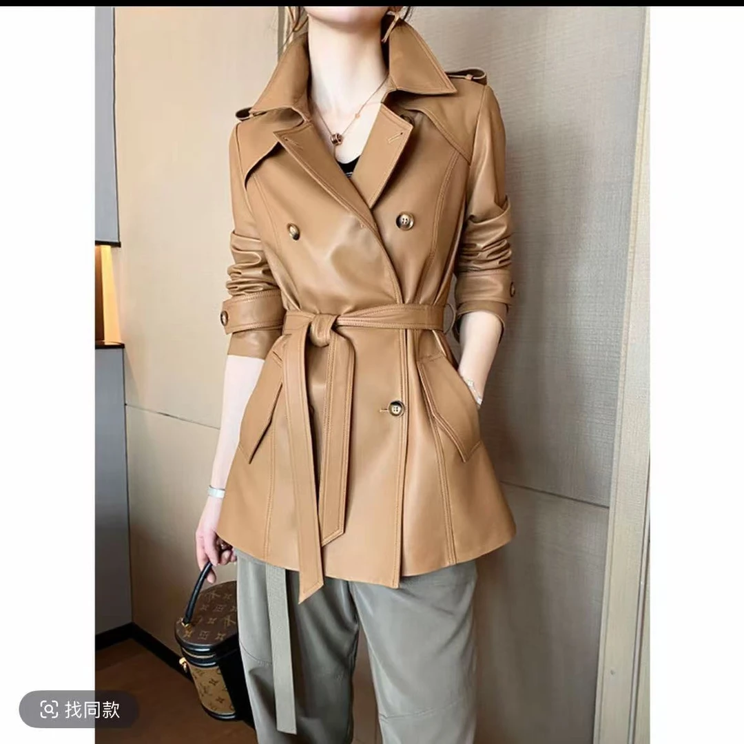 【D885】PU皮设计师新款气质女中长款风衣外套系带