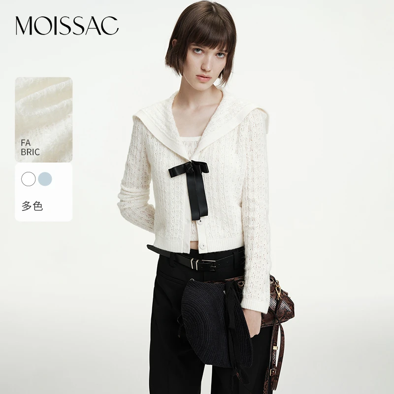 商场同款 摩萨克2026春学院风海军领蝴蝶结镂空针织开衫MWGC30606