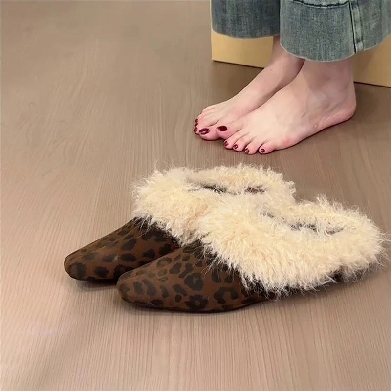 羊皮版~复古豹纹辣妹内毛毛鞋一脚蹬加绒保暖包头棉拖鞋外穿