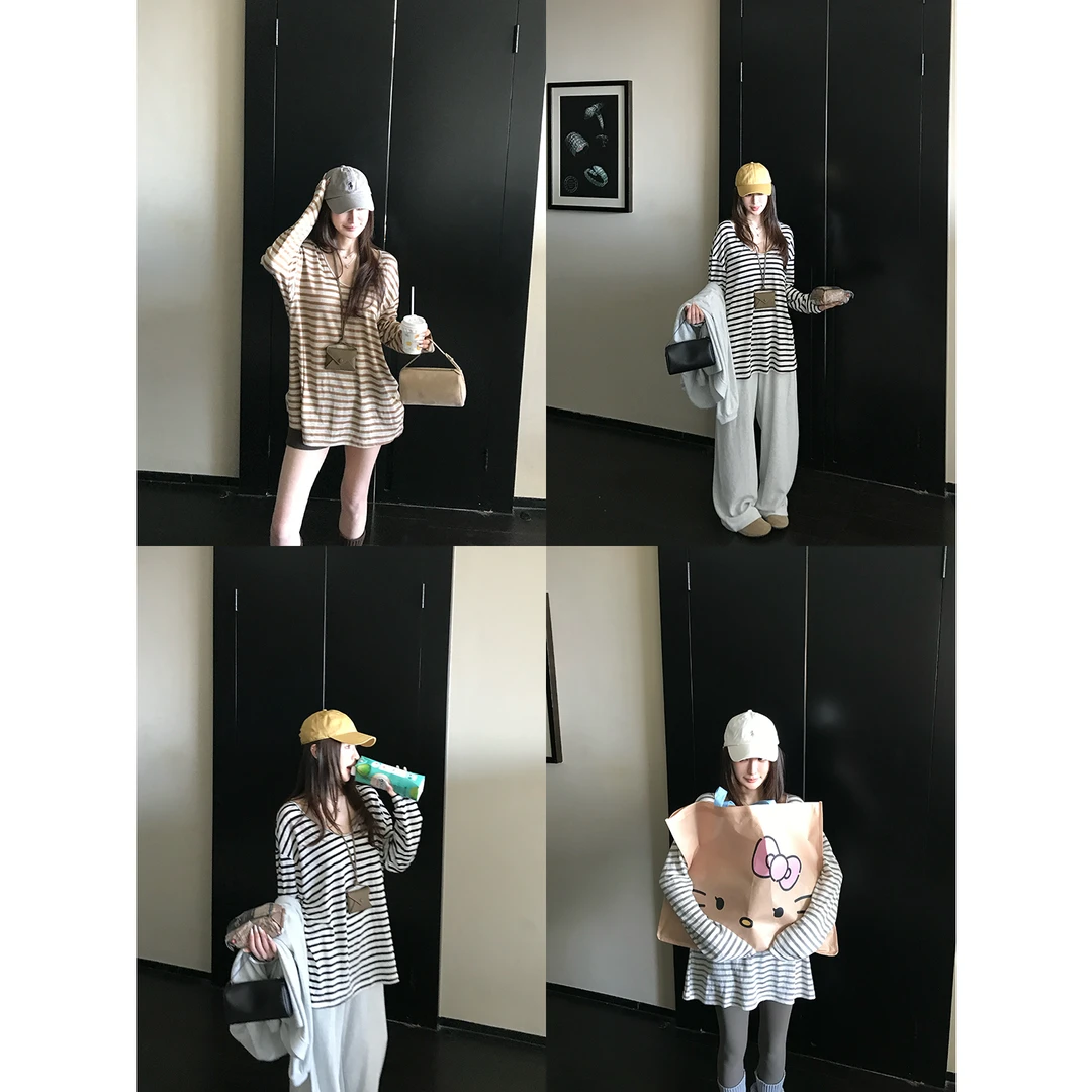 SKK“轻氧条纹T”越简单越好看！慵懒松弛感亚麻韩系撞色大U领打底衫