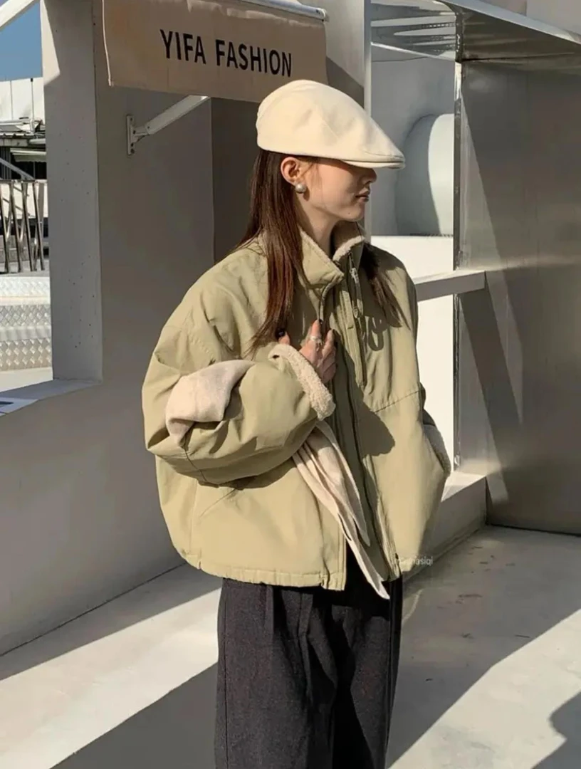 2025年仿羊羔毛短款派克服女小个子休闲棉衣百搭韩版秋冬短外套