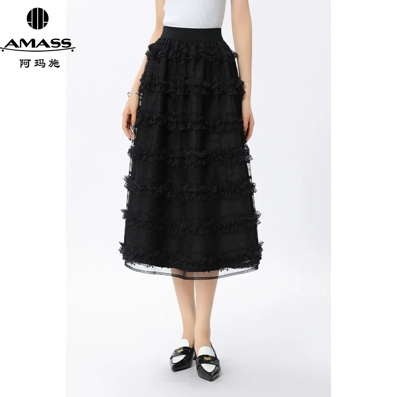 AMASS/阿玛施新款知性洋气A字显瘦蕾丝透纱蛋糕裙半身裙子520038