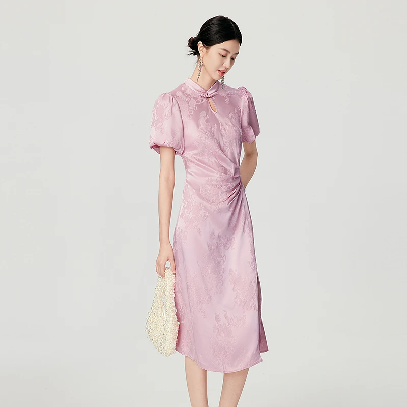 芭蒂娜醋酸立领盘扣连衣裙缎面新中式长裙142U381下架