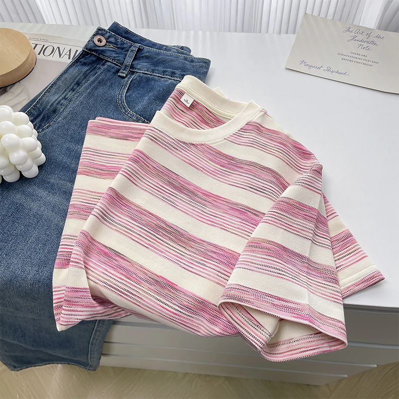 夏季正肩宽松条纹圆领T恤女休闲百搭小个子穿搭洋气宽松显瘦上衣