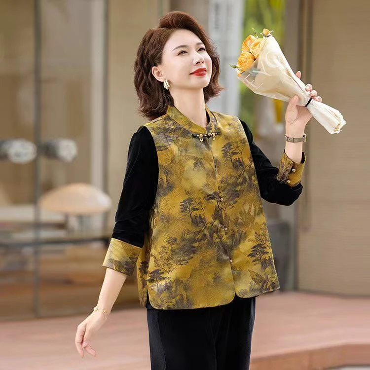 常规纽扣中国风时尚中老年女装复古港风印花花色