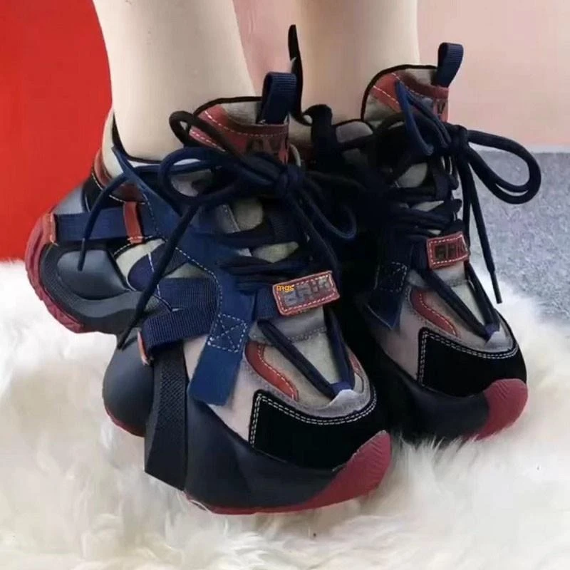 真皮老爹鞋女夏2024新款拼色网面透气松糕鞋增高厚底运动休闲鞋潮