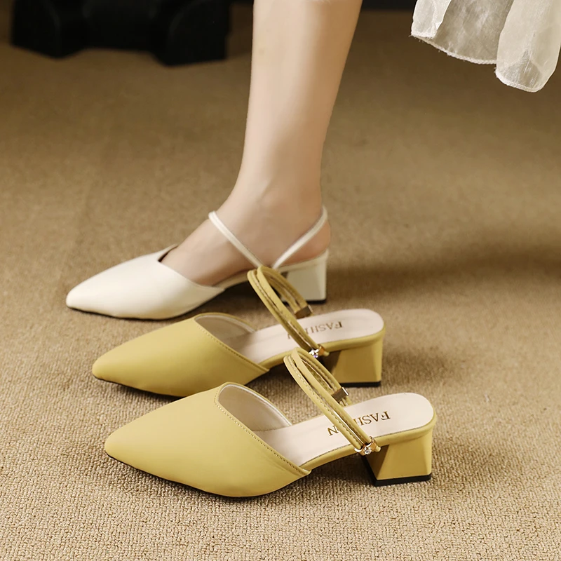 三福拖鞋女包头凉鞋法式高跟鞋气质一脚蹬百搭夏季时尚凉拖仙女风