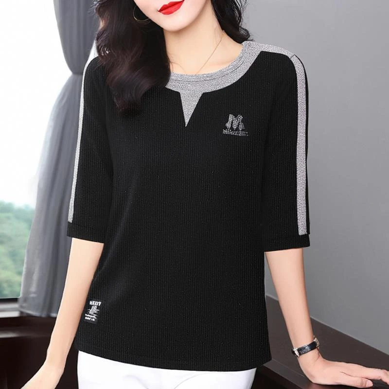 宽松大码七分袖t恤女2025新款春夏季拼接撞色圆领打底衫中袖上衣