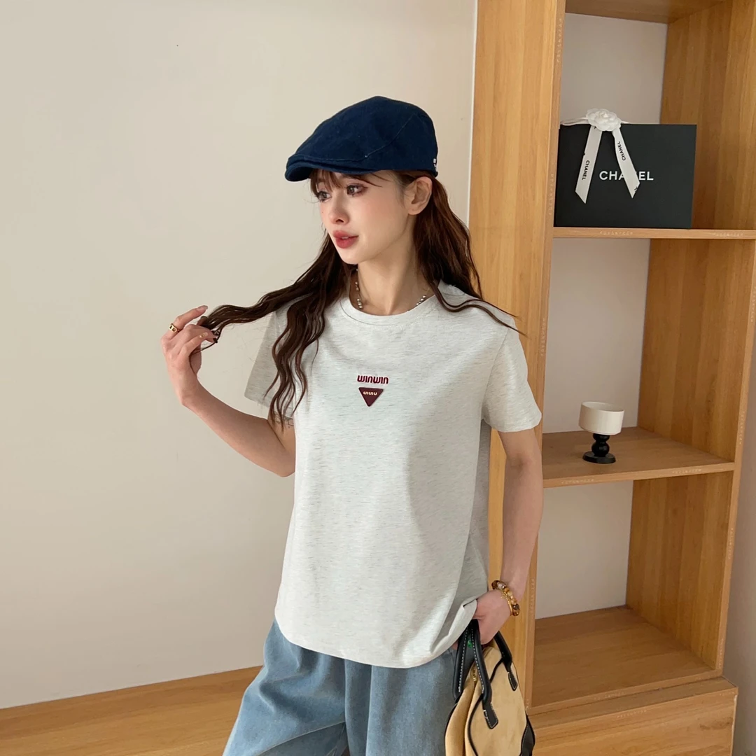 D151夏季新款韩版休闲百搭简约三角标女士圆领短袖25-61